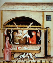 Los carniceros: Extrayendo las ubres, de Tacuinum Sanitatis
